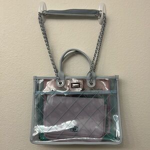 Pastel blue and pink clear bag, comes with pink clutch